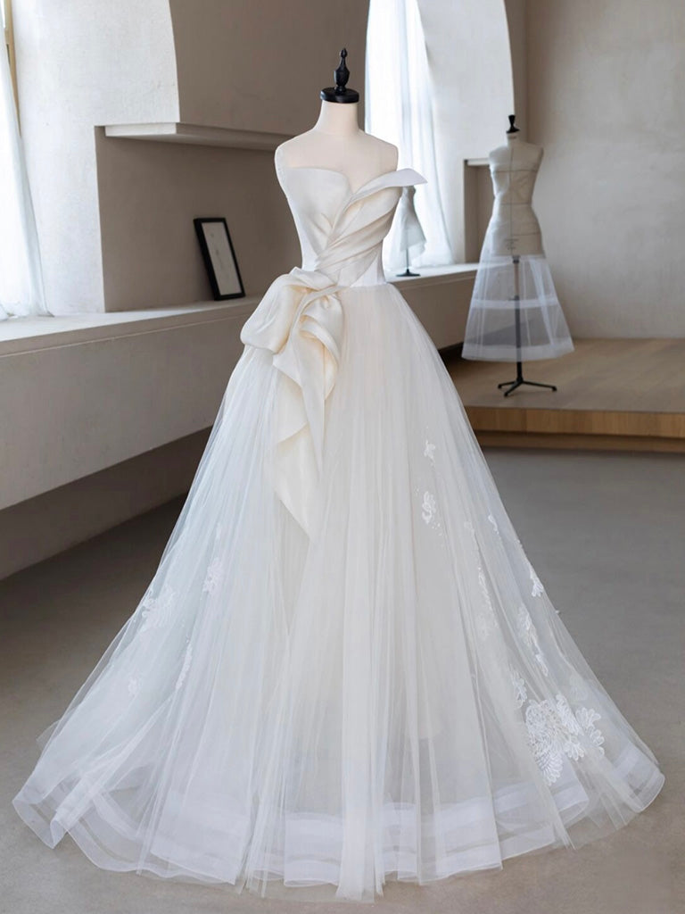 A-Line Tulle Lace Blue Long Prom Dress, Blue Tulle Lace Formal Dress