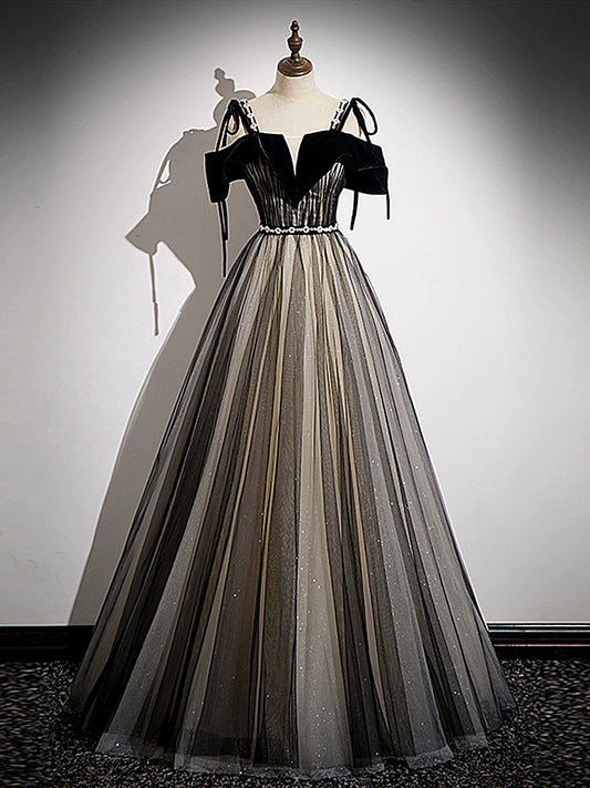 A-Line Off Shoulder Tulle Black Long Prom Dress, Black Long Formal Dress