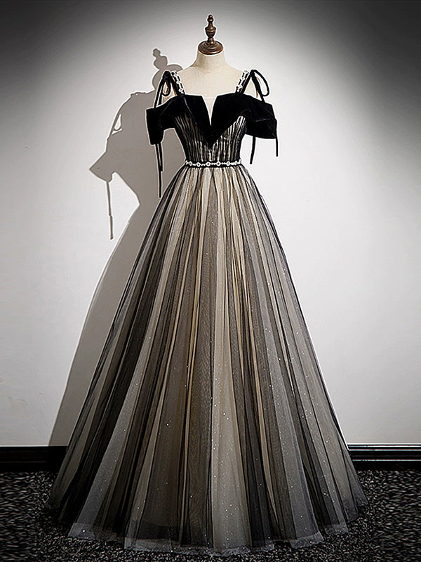 A-Line Off Shoulder Tulle Black Long Prom Dress, Black Long Formal Dress