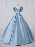 A-Line Satin Blue Long Prom Dress, Blue Satin Long Formal Dress