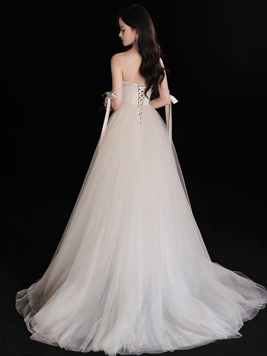 A-Line Light Champagne Tulle Beads Long Prom Dress, Light Champagne Evening Dress