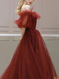 Burgundy tulle off shoulder long prom dress, burgundy evening dress