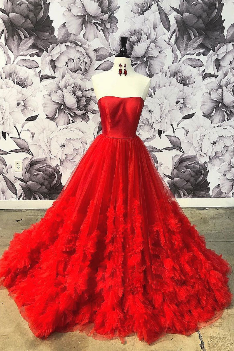 Red tulle long prom dress, red tulle evening dress