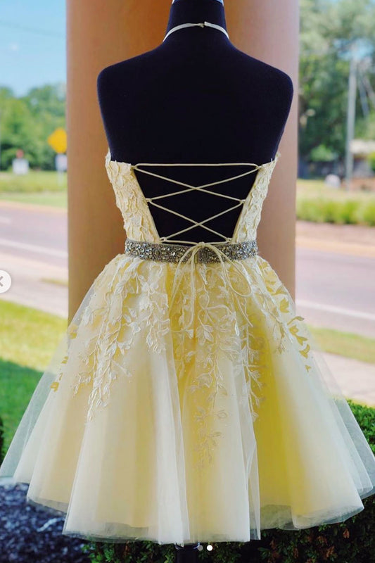Yellow tulle lace short prom dress yellow homecoming dress