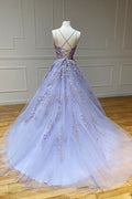 Purple tulle lace long prom dress purple lace formal dress
