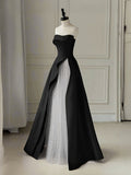 A-Line Tulle Satin Black/White Long Prom Dress. Black Long Formal Dress
