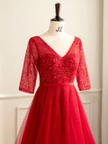 Red A-Line Tulle Sequin Long Prom Dress, Red Formal Dress