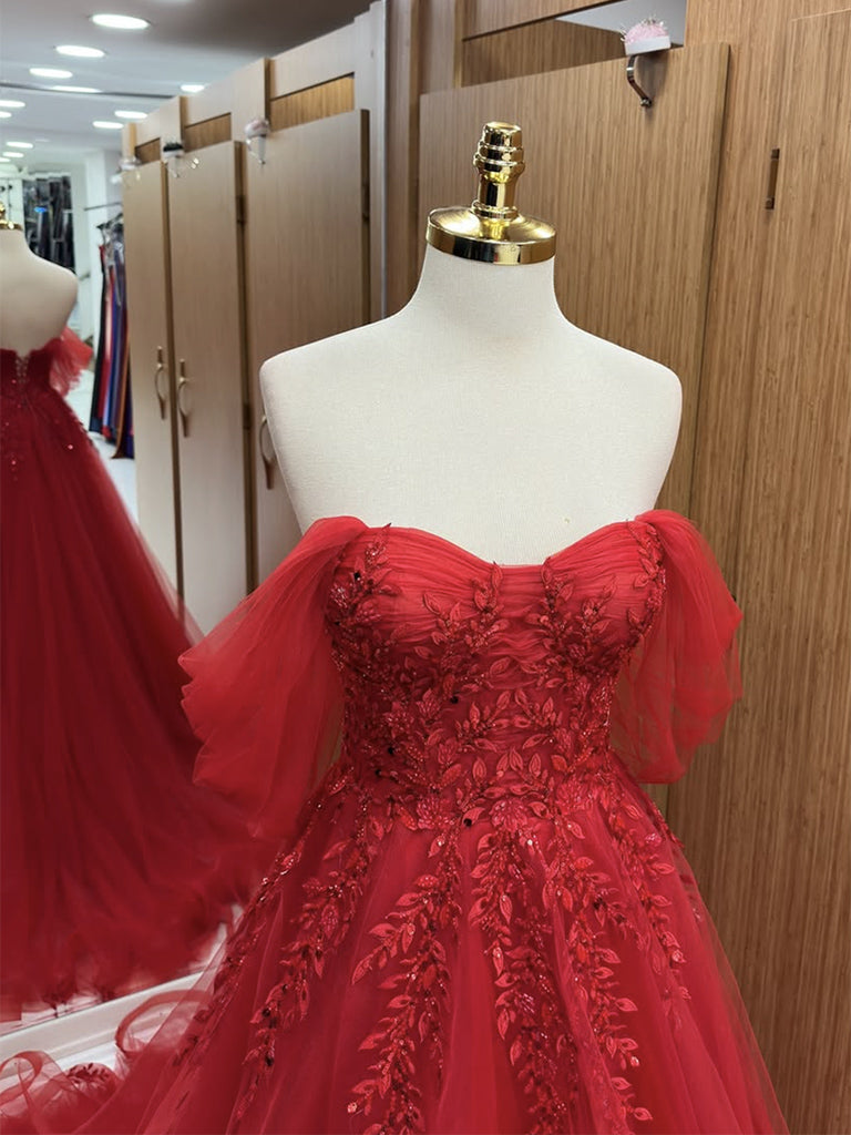 A-Line Sweetheart Neck Off Shoulder Tulle Lace Burgundy Long Prom Dress