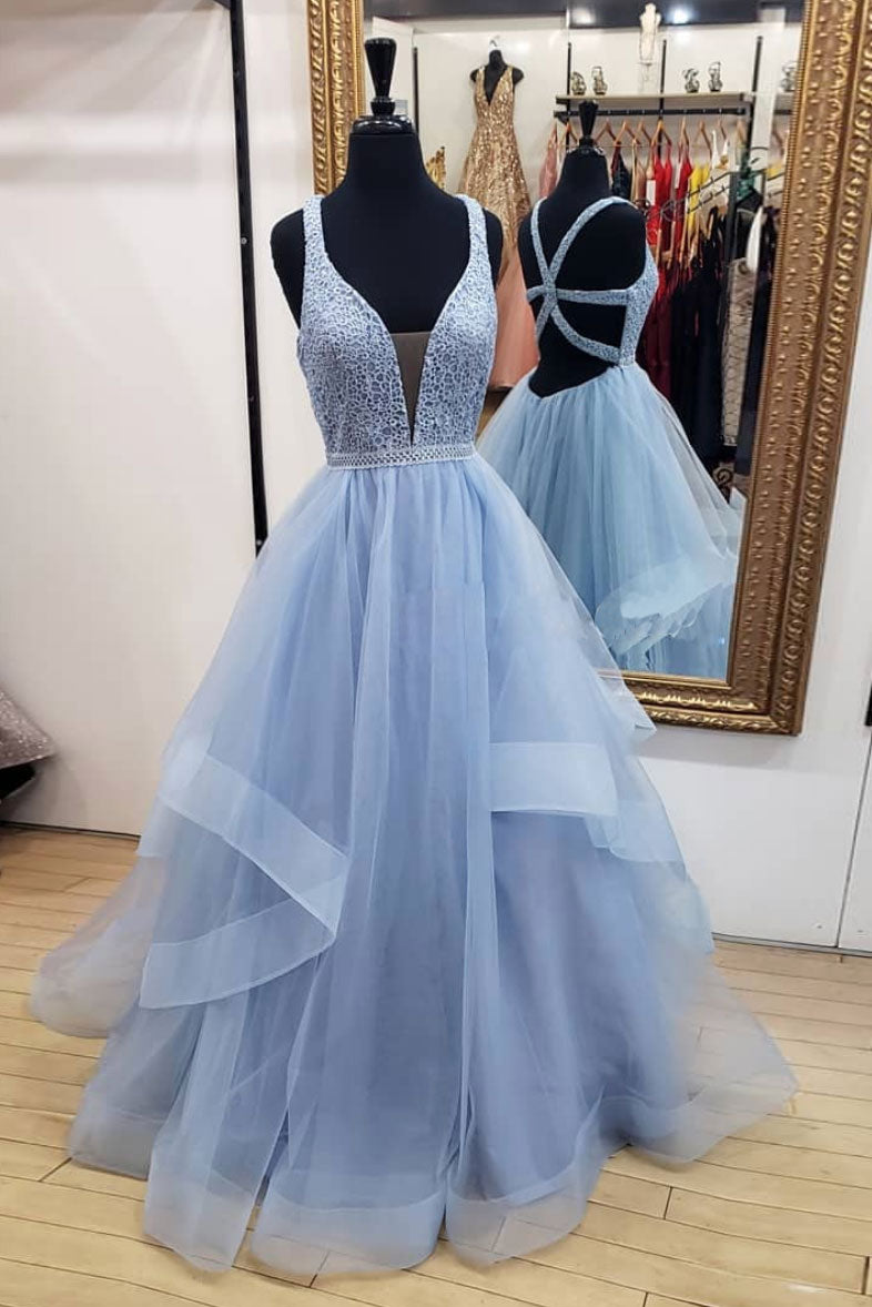 Blue v neck tulle long prom dress, blue tulle evening dress
