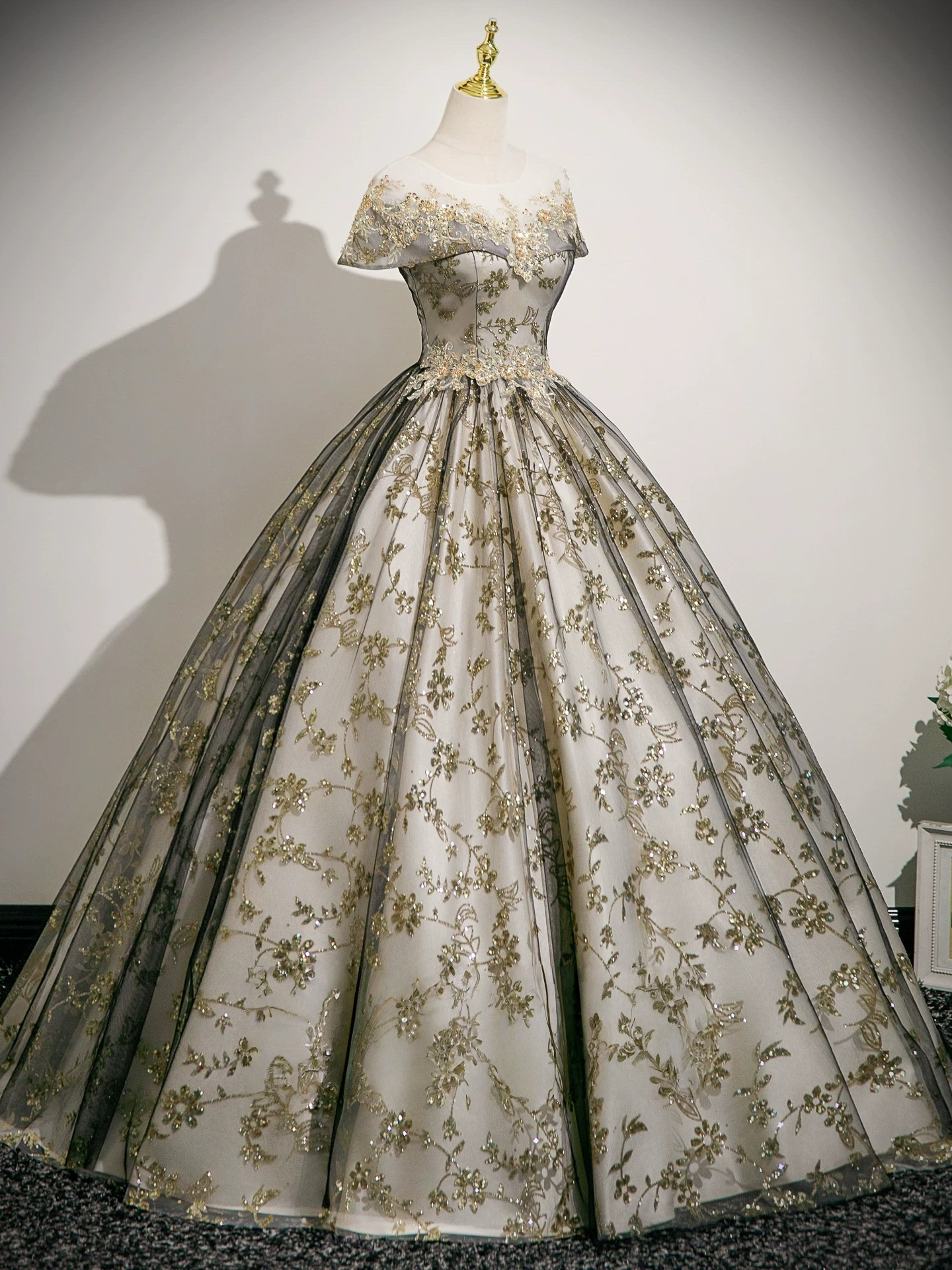 A-Line Tulle Lace Gray Long Prom Dress, Gray Long Evening Dress