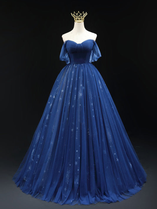 A-Line Off Shoulder Tulle Dark Blue Long Prom Dress, Blue Tulle Formal Dress