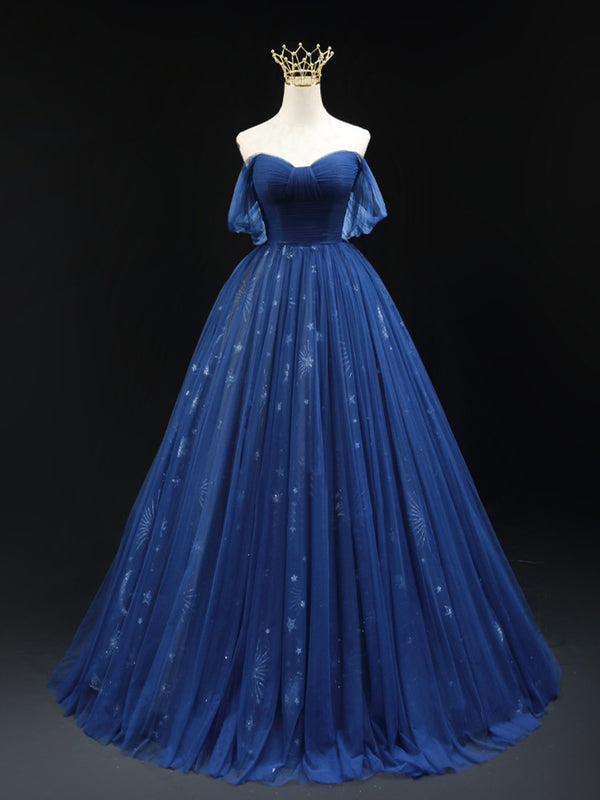 A-Line Off Shoulder Tulle Dark Blue Long Prom Dress, Blue Tulle Formal Dress