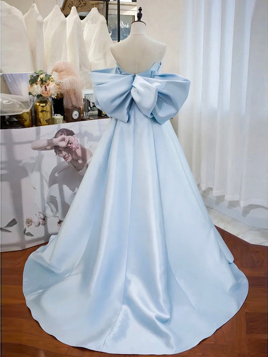 Simple Satin Blue Long Prom Dress, Blue Long Formal Dress