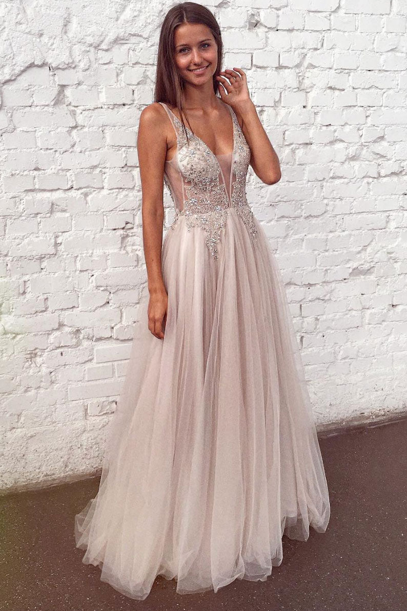 Unique v neck tulle lace long prom dress, tulle evening dress