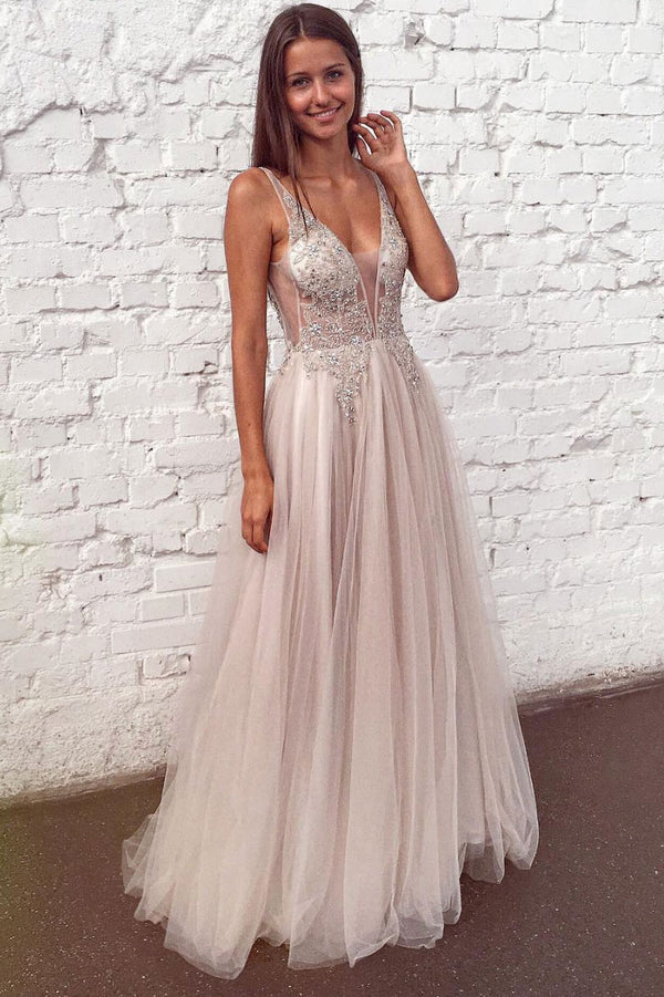Unique v neck tulle lace long prom dress, tulle evening dress