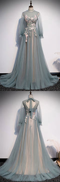 Unique A-line tulle lace long prom dress tulle lace formal dress