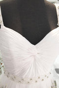 White off shoulder tulle long prom dress, white evening dress
