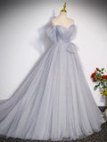 A-Line Off Shoulder Tulle Long Gray Prom Dress, Gray Formal Dresses