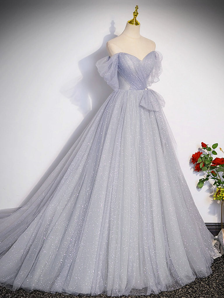 A-Line Off Shoulder Tulle Long Gray Prom Dress, Gray Formal Dresses