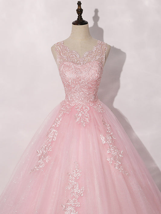 A-Line Round Neck Tulle Lace Pink Long Prom Dress, Pink Formal Dress