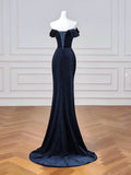 Mermaid Velvet Dark Blue Long Prom Dress, Dark Blue Long Formal Dress