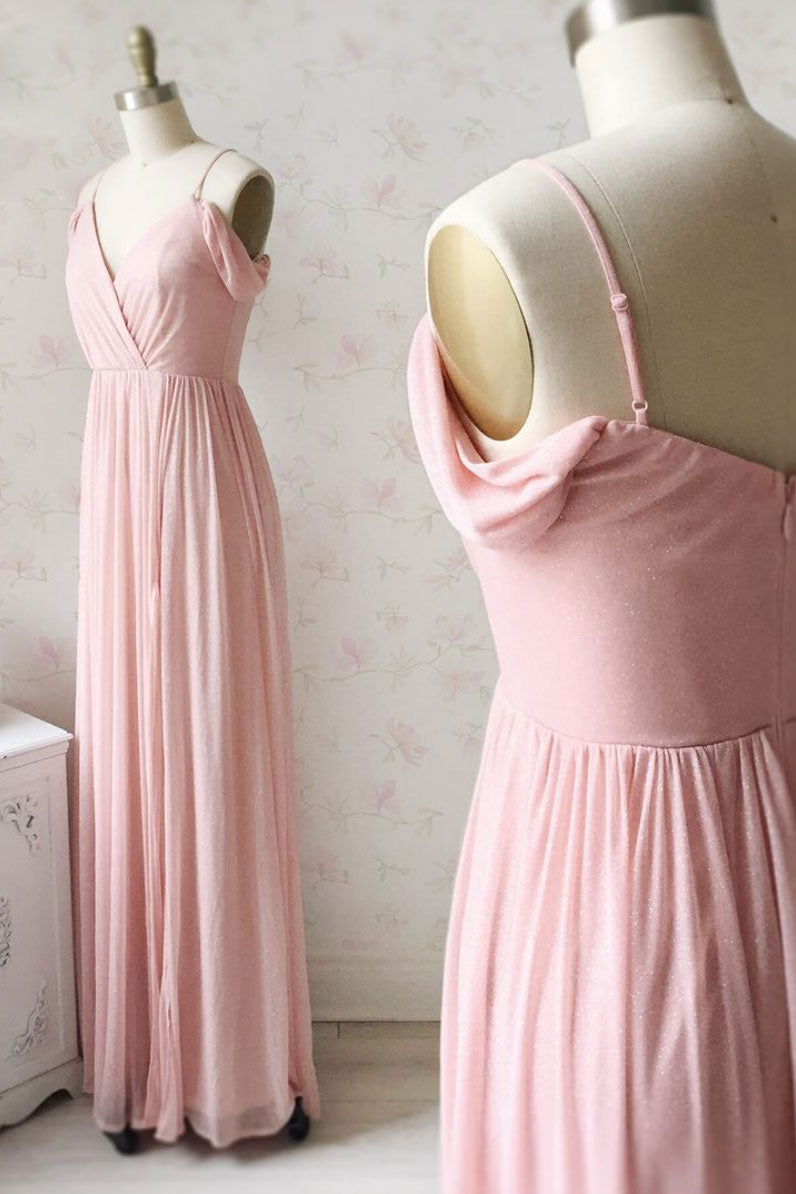 Simple v neck off shoulder pink prom dress, pink bridesmaid dress