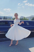 White off shoulder satin tea length prom dress white evening dress