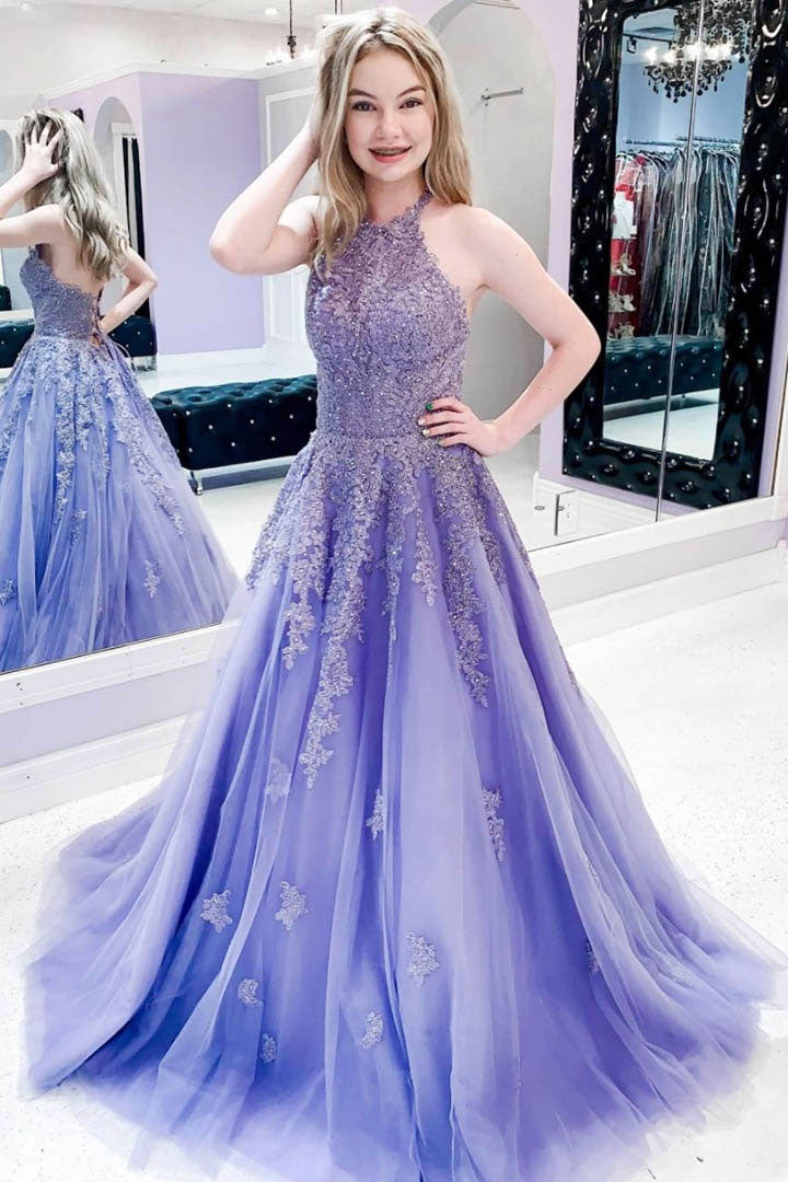 Purple tulle lace long prom dress purple lace formal dress