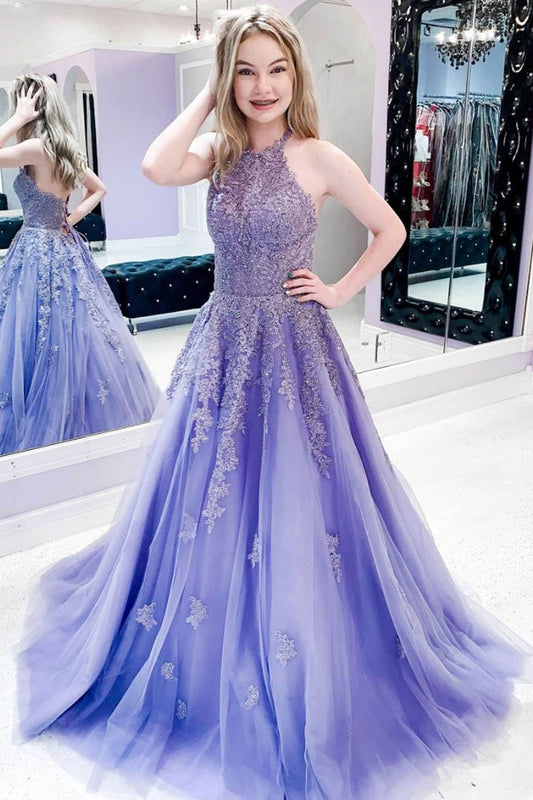 Purple tulle lace long prom dress purple lace formal dress