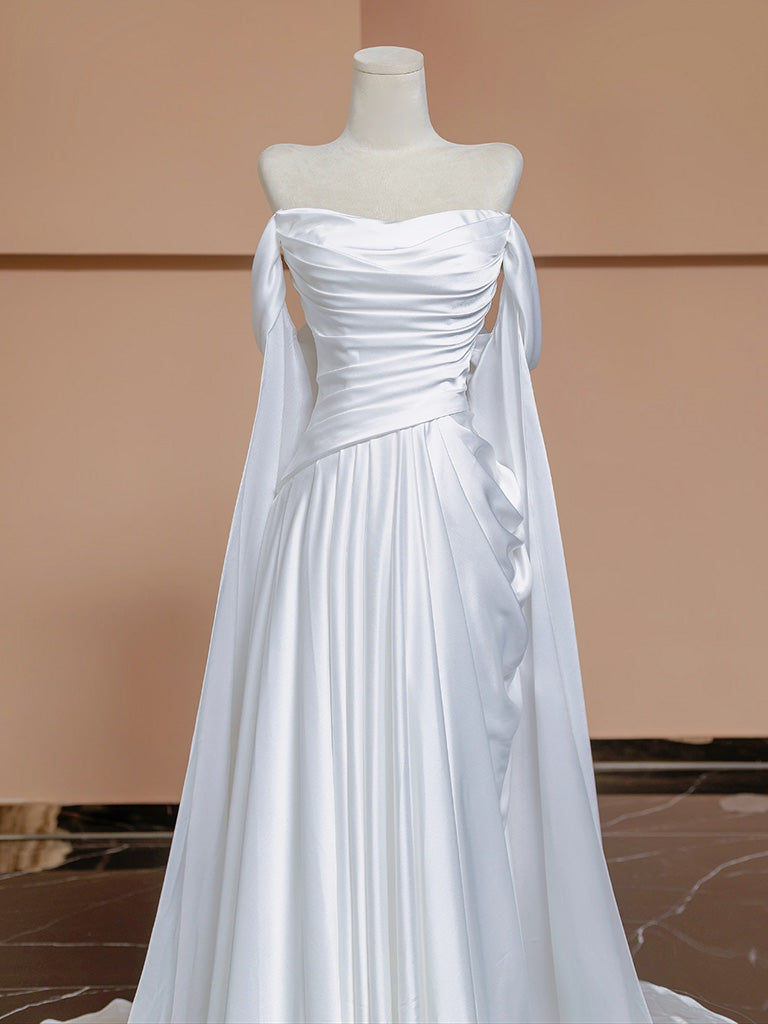 A-Line Satin White Long Prom Dress, White Long Formal Dress