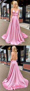 Simple v neck satin long prom dress pink long evening dress