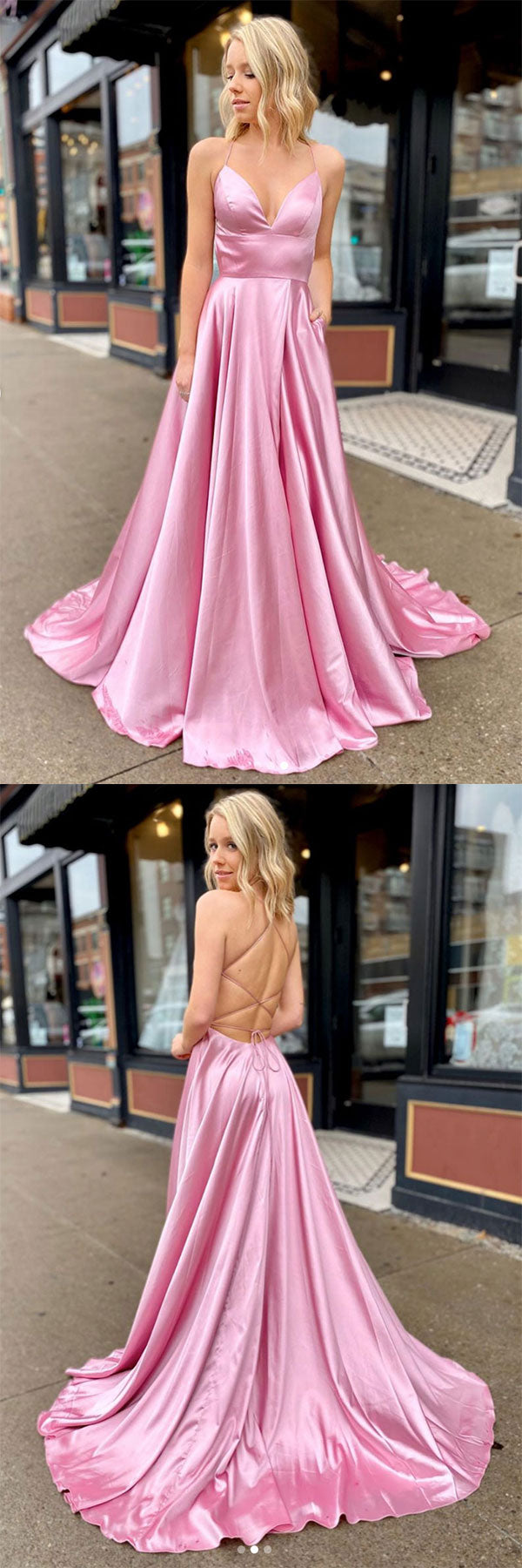Simple v neck satin long prom dress pink long evening dress
