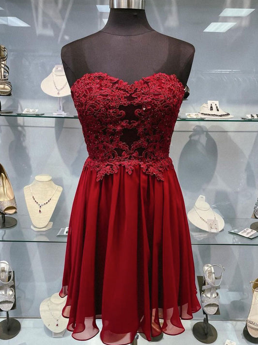 Burgundy sweetheart neck chiffon lace short prom dress