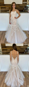 Champagne tulle lace mermaid long prom dress, lace evening dress