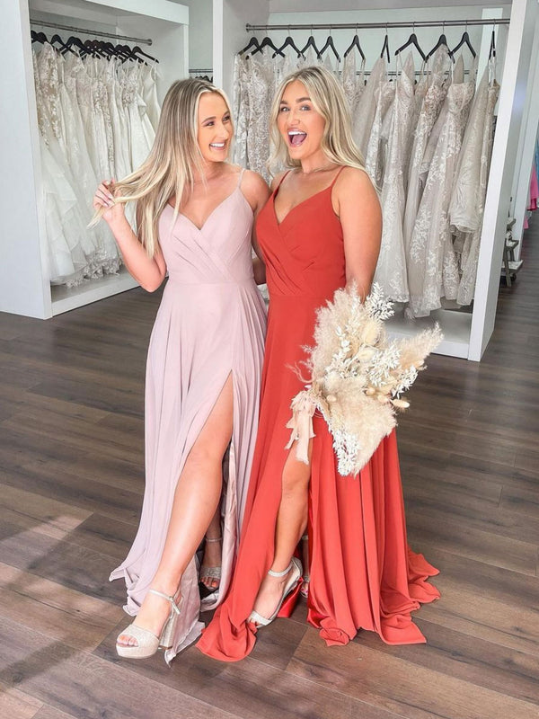 Simple v neck chiffon long prom dress, A line bridesmaid dress