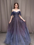Purple sweetheart neck tulle sequin long prom dress, purple evening dress