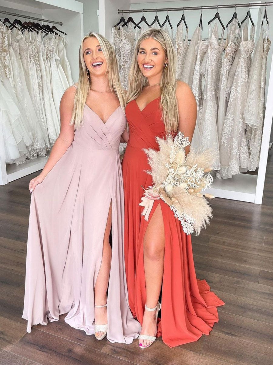 Simple v neck chiffon long prom dress, A line bridesmaid dress