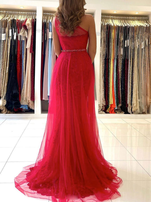 Red one shoulder tulle lace long prom dress, red evening dress