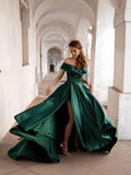 Simple off shoulder satin green long prom dress, green evening dress