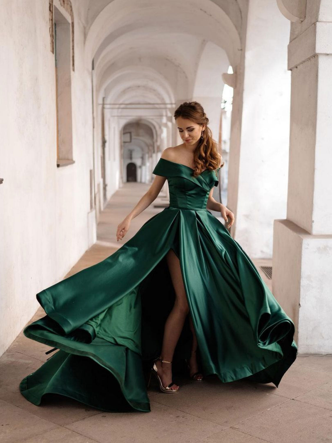Simple off shoulder satin green long prom dress, green evening dress