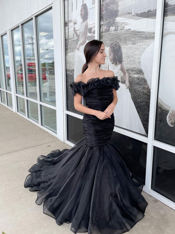 Black off shoulder tulle mermaid long prom dress, black evening gown