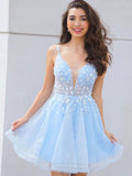 Blue v neck tulle lace short prom dress, blue tulle homecoming dress