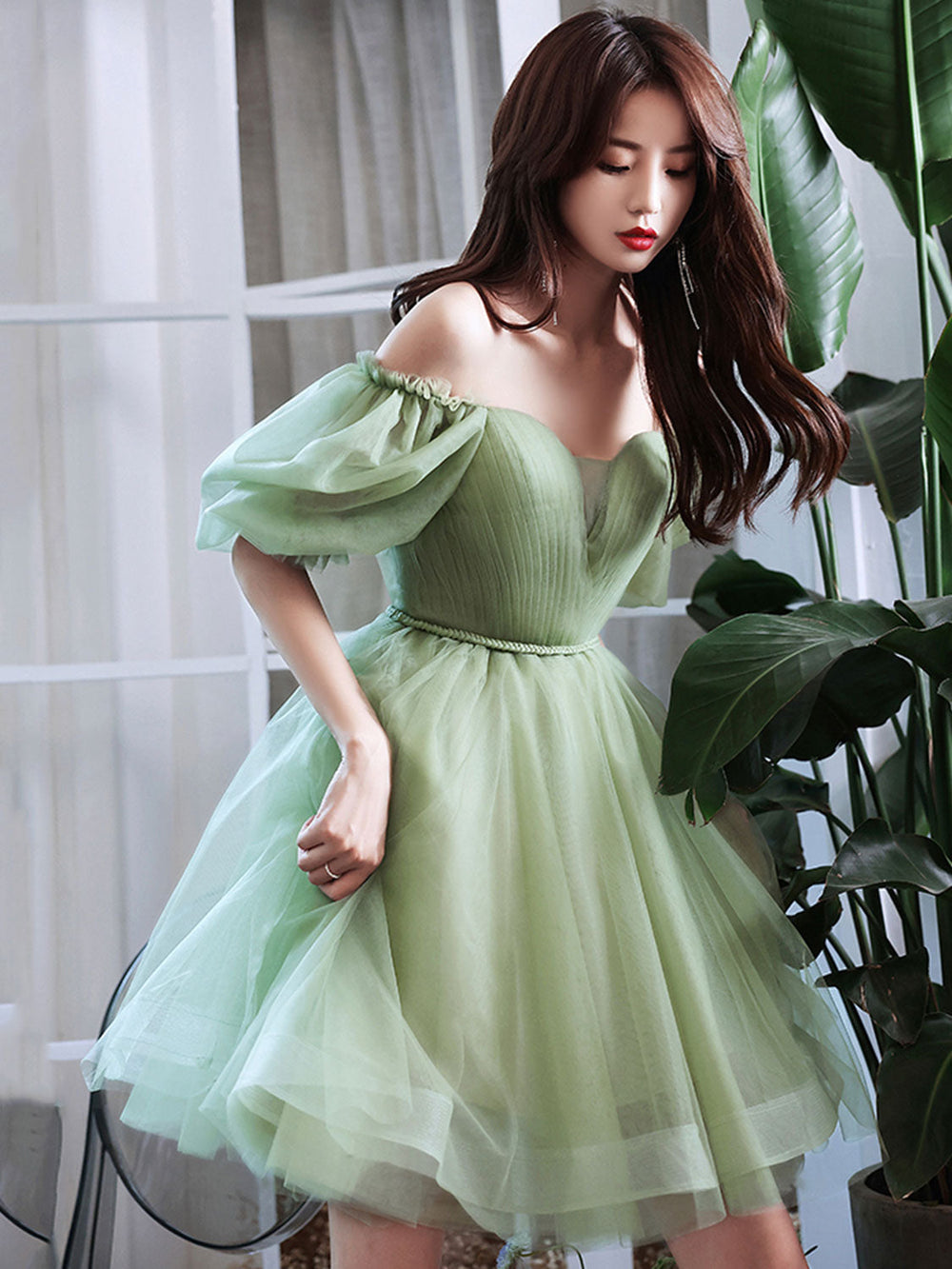 Green tulle short prom dress, green tulle homecoming dress
