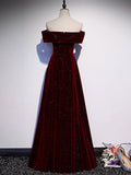 A-Line Off Shoulder Velvet Burgundy Long Prom Dress