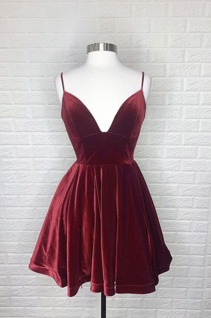 Simple burgundy v neck short prom dress burgundy homecoming dress