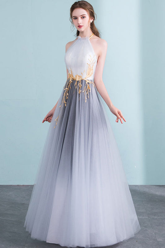 Gray high neck tulle long prom dress gray tulle formal dress