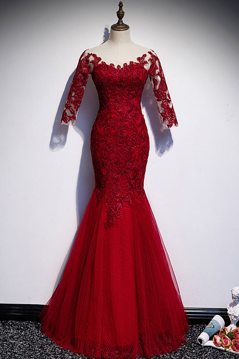 Burgundy round neck tulle lace long prom dress burgundy evening dress
