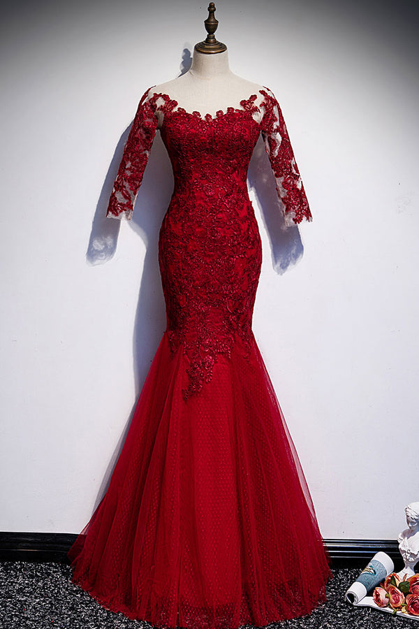 Burgundy round neck tulle lace long prom dress burgundy evening dress
