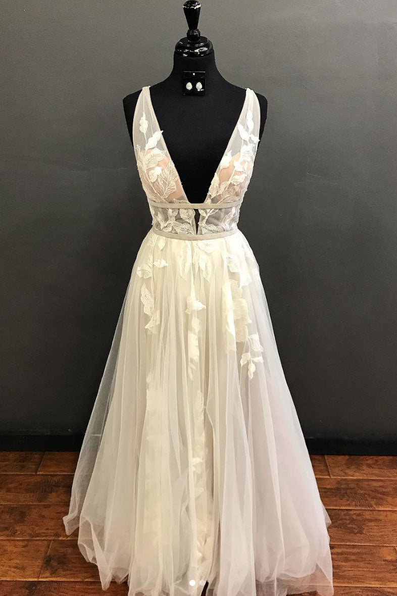 Light champagne tulle lace long prom dress, lace evening dress