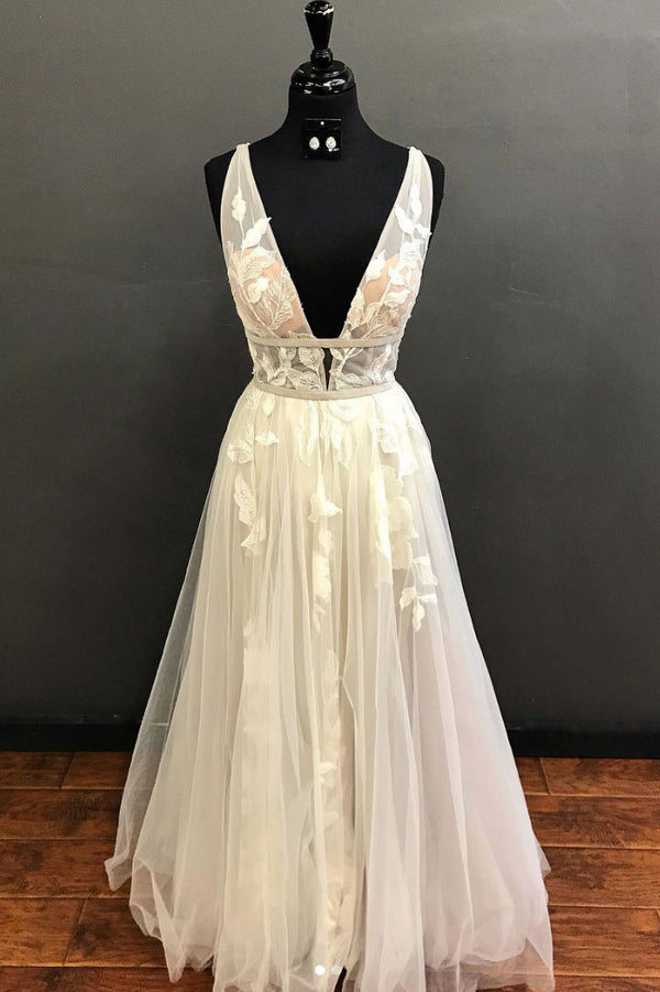 Light champagne tulle lace long prom dress, lace evening dress